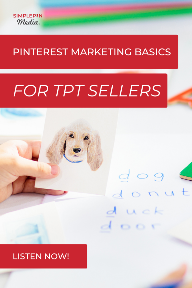 child's hand holding flash card with text "pinterest marketing basics for tpt sellers".