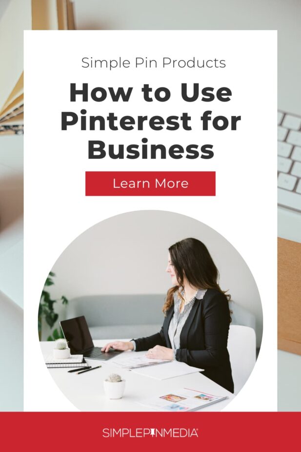 person in black blazer sitting in front of laptop with text "simple pin products - how to use pinterest for business".