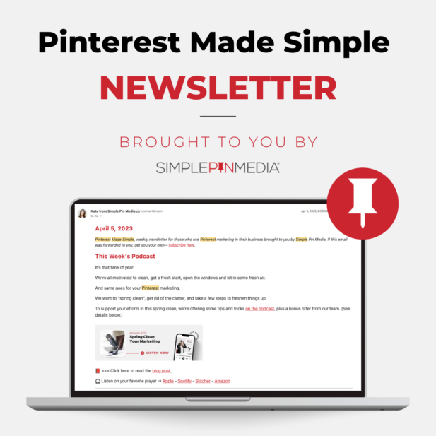 computer screen with newsletter text written on it with additional text "pinterest made simple newsletter - brought to you by simple pin media".