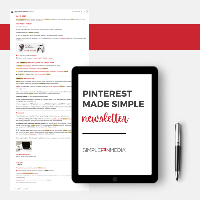 ipad screen with text "pinterest made simple newsletter".