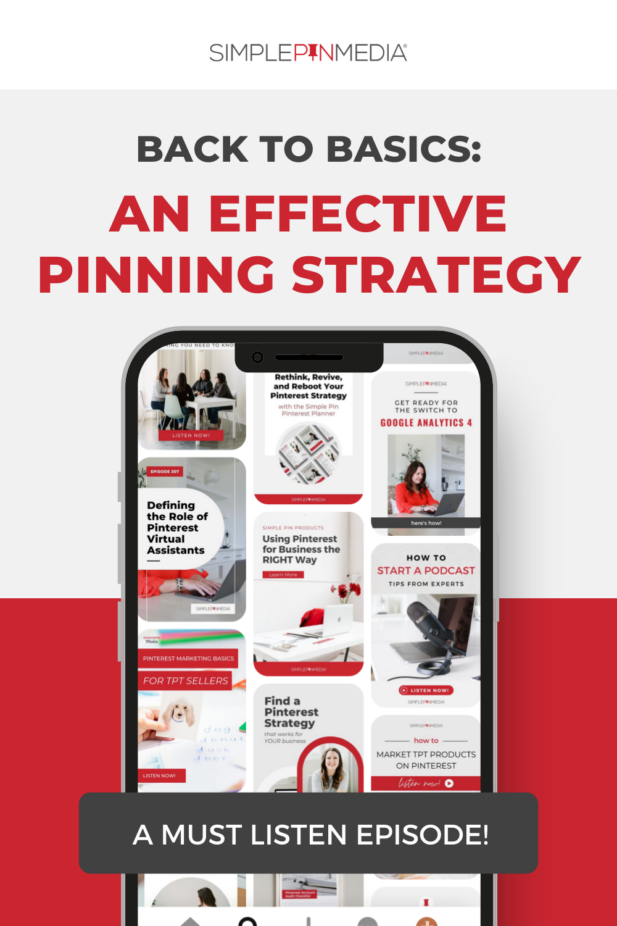 iphone screen with pin images for pinterest with text "back to basics: an effective pinning strategy".