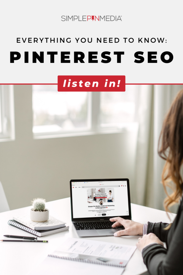 person with hands on laptop with text "everything you need to know about pinterest seo".