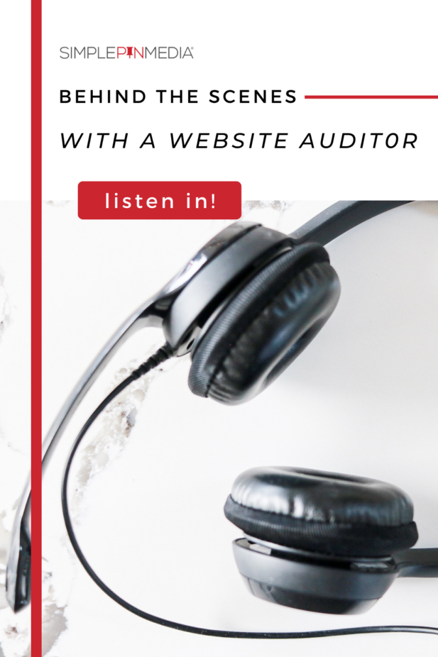 A pair of headphones sitting on a table with text overlay saying "behind the scenes with a website auditor" and a "listen in" button.