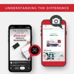 Words "pinterest lens vs visual search: understanding the difference" on the top. Two phone screens highlighting camera button and search button. A "listen now" button.