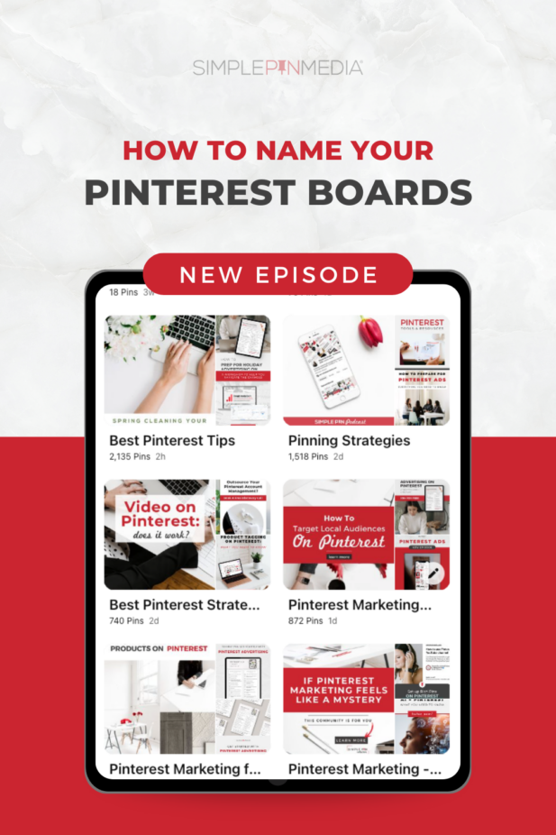 An ipad displaying six different pinterest boards with words "How to Name Your Pinterest Boards" and "New Episode".