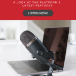 A podcast microphone sitting by a laptop with the words "pinterest presents 2023 recap: a look at the platform's latest features. listen now".