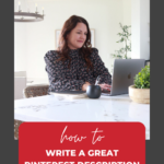 Woman using laptop at a kitchen counter with words "how to write a great pinterest description: learn more".
