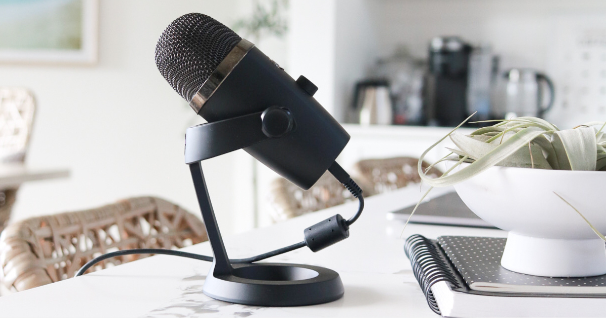 A podcast mic sitting on a counter next to a plant.