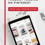 iPad lays on top of notebook with Pinterest feed on screen. The words "product tagging on Pinterest: what you should know" above.