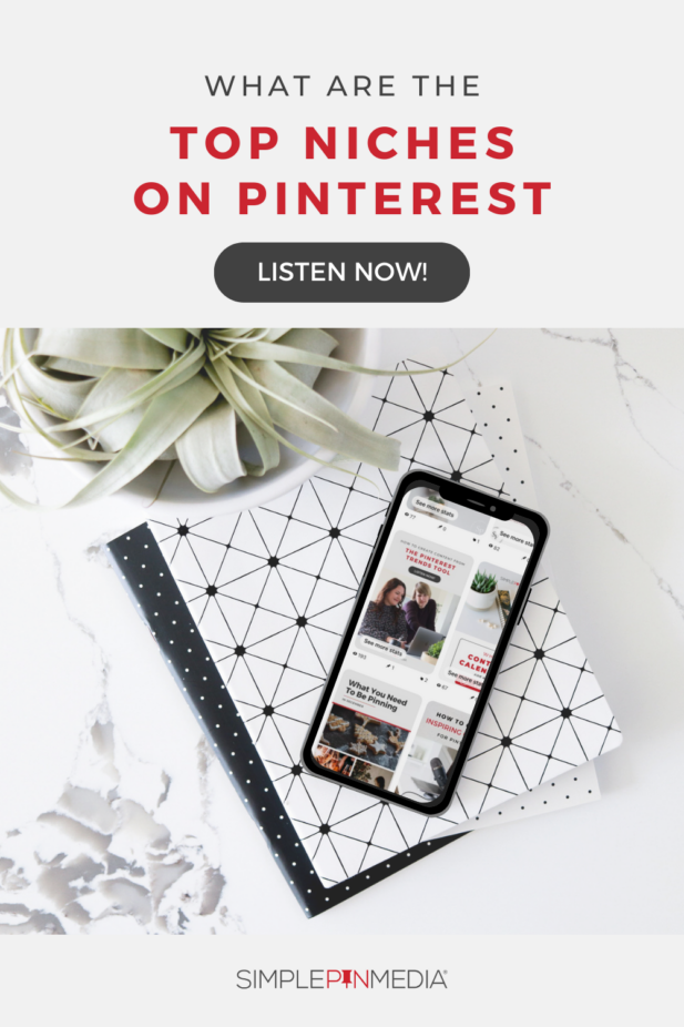 iPhone laying on top of notebook. Pinterest feed on the screen. The words above read: "What Are The Top Niches on Pinterest?"