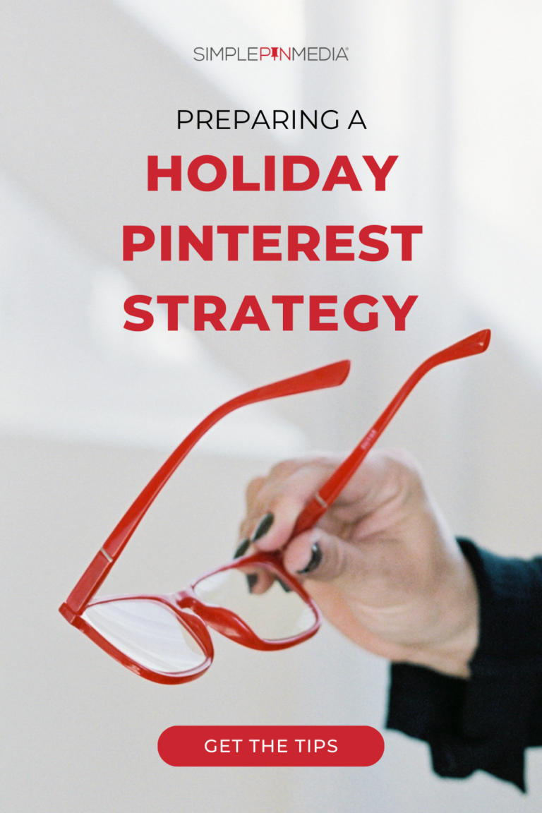 Copy reads: "Holiday Pinterest Strategy" with a woman's hand holding a pair of bright red glasses.