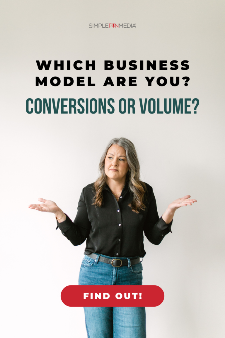 Woman shrugging her shoulders. Text reads, "Which business model are you? Conversions or volume?"