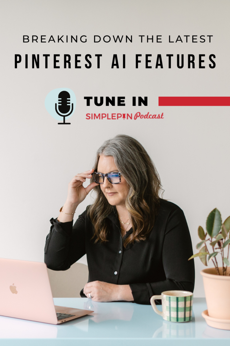 Woman reading a laptop. Text reads, "breaking down the latest Pinterest AI Features"
