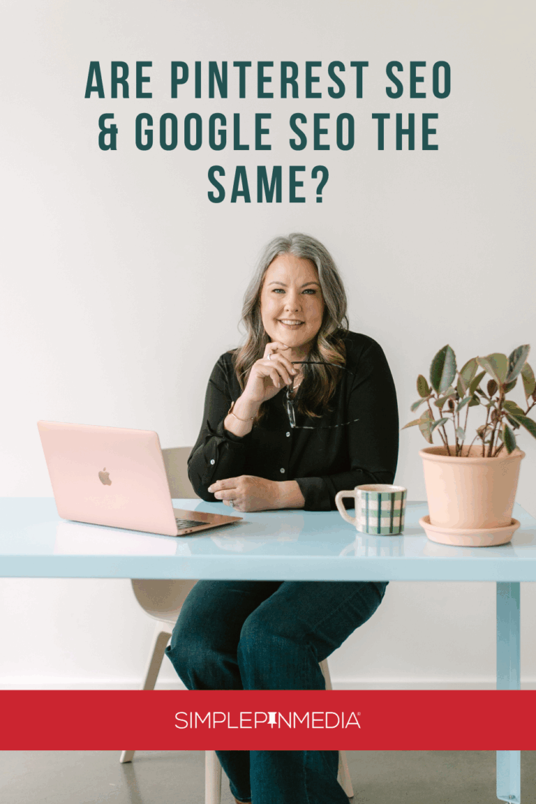 Image shows a woman sitting at a desk. Text reads, "Are Pinterest SEO & Google SEO the same thing?"