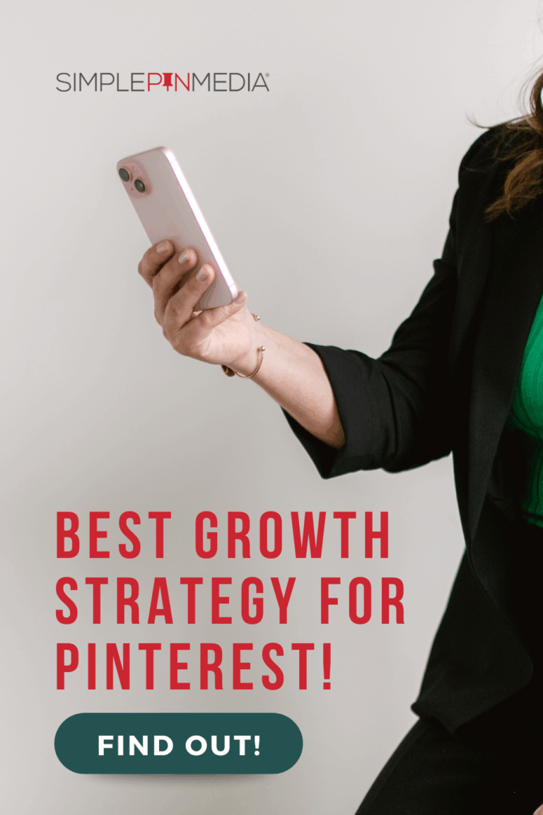 Image shows a woman holding a phone. Text reads, "Best Growth Strategy for Pinterest!"