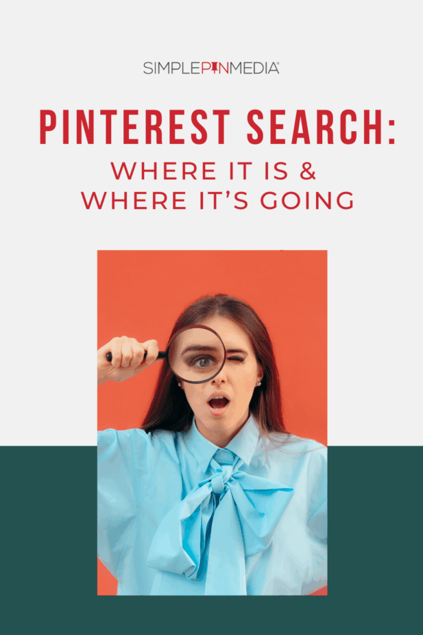 Image shows a woman with a magnifying glass. Text reads, "Pinterest Search: Where it is & Where it's Going