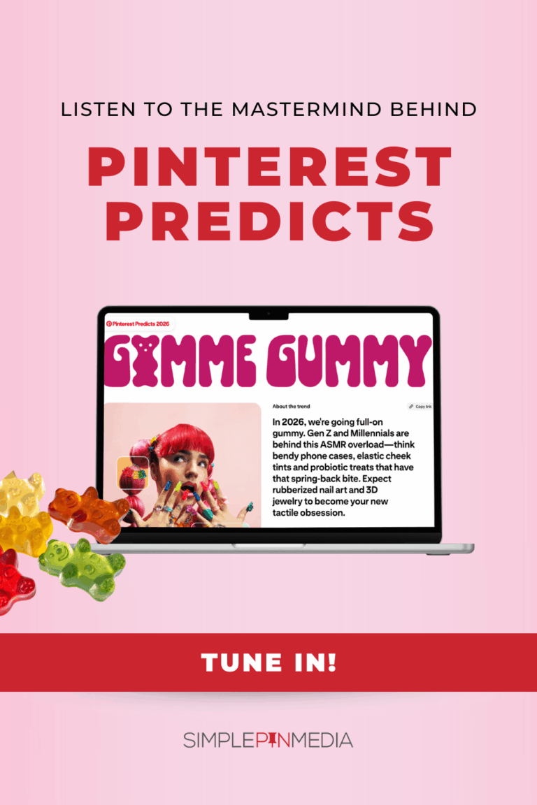 Image shows a laptop screen. Text reads, "Listen to the Mastermind behind Pinterest Predicts"