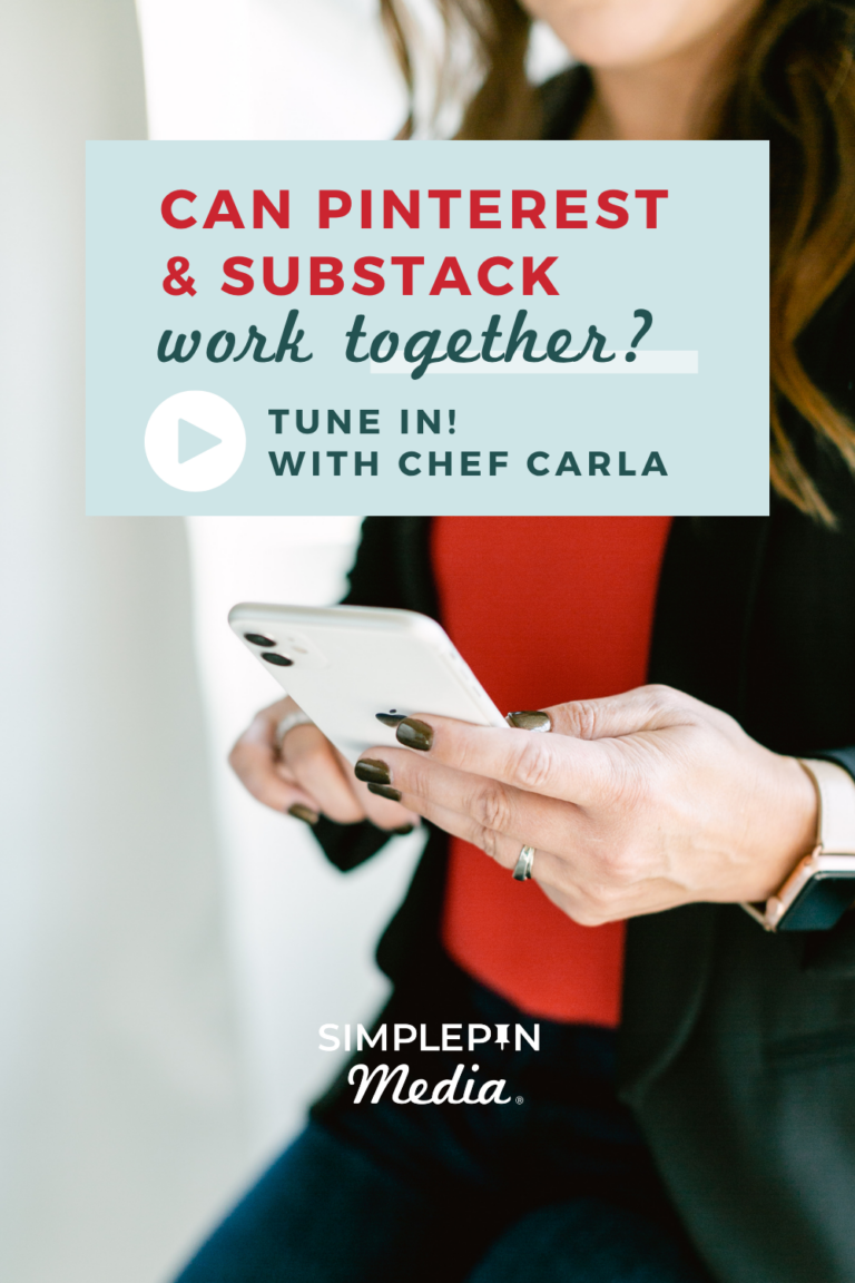 Image shows a woman holding a phone. text reads, "Can Pinterest & Substack Work Together?"