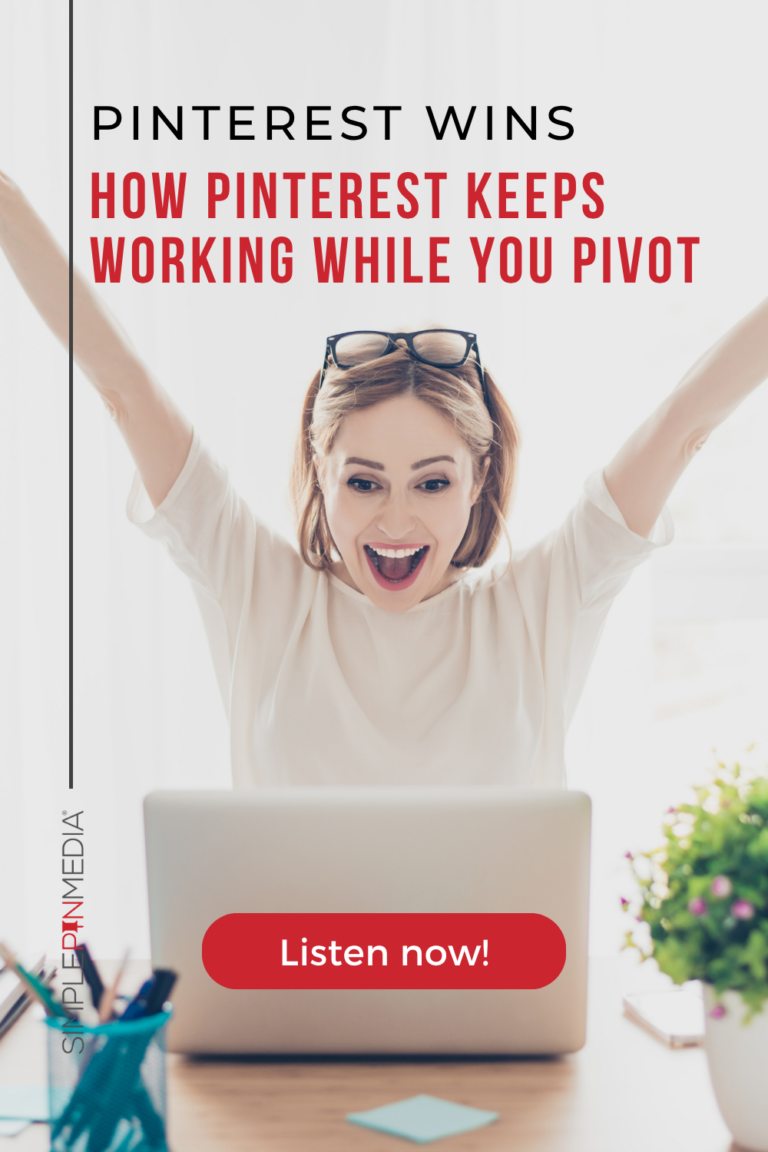 Image shows a woman looking at a computer screen. text reads, "Pinterest Wins: How Pinterest Keeps Working While You Pivot"