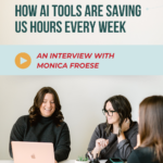 Image shows 3 women sitting around a laptop. Text reads, "Pinterest Wins: How AI Tools are Saving Us Hours Every Week. An Interview with Monica Froese"