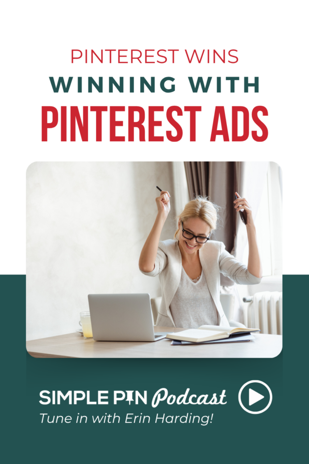 Image shows a woman happy. Text reads, "Pinterest Wins Winning with Pinterest Ads"